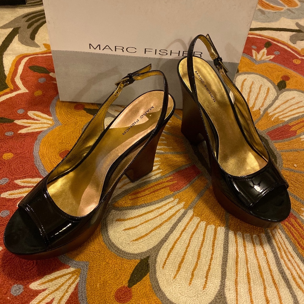 MarcFisher "Ester" Blk Patent Slingback Platforms